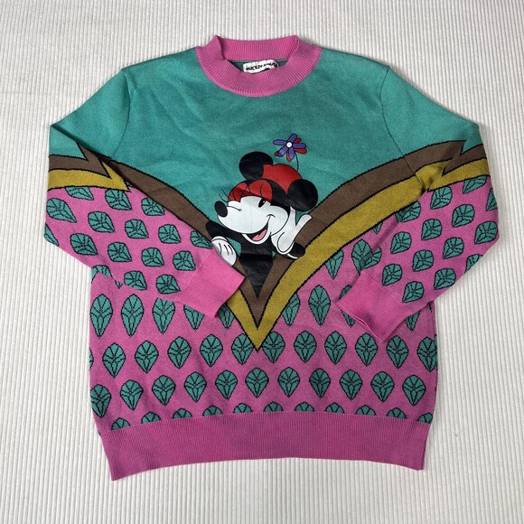 Mickey Mouse Sweaters - Mickey Mouse Sweater Womens M 90s Pink Graphic Knit Crew Neck Pullover Cartoon